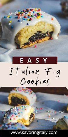 italian fig cookies with white frosting and sprinkles on top are shown