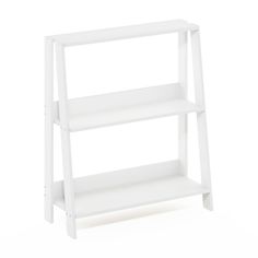 a white shelf with two shelves on each side and one shelf below it, against a white background