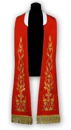 Red stole - Roman pattern, embroidered Length (with tassels) - 128 cm / 50.4 inches, width - 17 cm / 6.7 inches. Elegant design, rich embroidery, high quality liturgical fabric make the stole look very impressive. The stole is ideal for use during sermons, services, processions. An excellent choice as a gift for a priest on the occasion of ordination, primacy, priesthood jubilee. Red Intricate Embroidery Fabric For Ceremonial Use, Festive Red Fabric With Gold Embroidery, Red Fabric With Gold Embroidery For Festivals, Roman Pattern, Elegant Design, Poland, Art Collection, Bathing Beauties, Embroidery