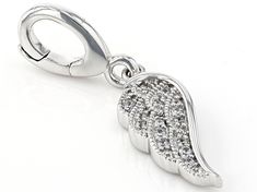 Vanna K™ for Bella Luce ® white diamond simulant 0.17ctw round, Platineve™ over sterling silver angel wing charm. Measures approximately 1"L x 0.25"W and has a 3mm bail. Each Vanna K™ design has a signature label that features a lab created sapphire. Sterling Silver Jewelry With Pave Setting, Elegant Sterling Silver Charms In White Gold, Elegant White Gold Sterling Silver Charms, Silver Diamond Jewelry With Charms, White Gold Charms With Cubic Zirconia For Gifts, White Gold Round Charms For Anniversary, Elegant White Gold Charms With Cubic Zirconia, Classic White Gold Sterling Silver Charms, Silver Dangle Jewelry With Pave Setting