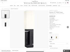 the website for visual comfort and co is displayed with an image of a lamp on it