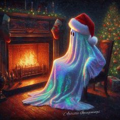 a ghost sitting in front of a fire place wearing a santa claus hat and blanket