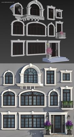 several different types of windows and balconies