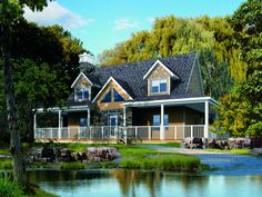 a painting of a house in the woods with a pond and gazebo on it