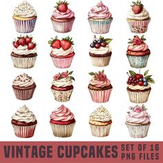 vintage cupcakes set of 16 png files