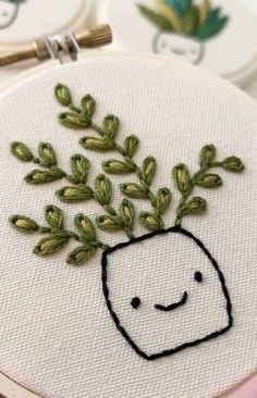 embroidery on the back of a white hoop with green leaves