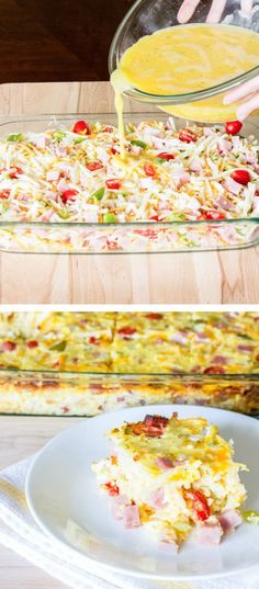 two pictures showing the process of making an egg casserole with ham and cheese