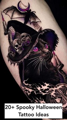 a black cat wearing a witches hat with skulls on it's head and the words 20 spooky halloween tattoo ideas