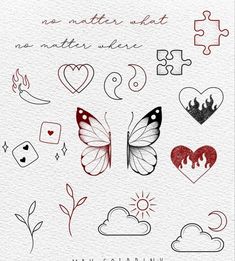 the back side of a piece of paper with different designs on it, including butterflies and hearts