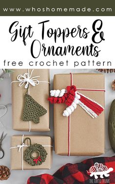 pinterest pin for the christmas tree ornament crochet patterns by The Turtle Trunk Free Knitted Christmas Wreath Patterns, Crochet Gift Wrapping Ribbon, Crochet Gift Ribbon, Crochet Christmas Gift Tags Free Pattern, Gift Wrapping With Yarn, Crochet Gift Topper, Crochet Gift Wrap, Crochet Gift Wrapping Ideas