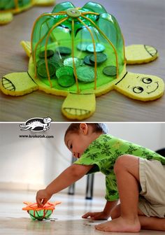 two pictures of a little boy playing with a turtle toy and another photo of the same child