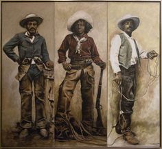 three men in cowboy hats are standing next to each other with their hands on their hipss