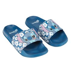 a pair of blue slippers with cartoon characters on them