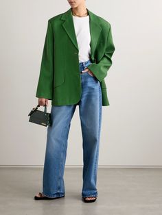 JACQUEMUS Titolo woven blazer | NET-A-PORTER Cool Green Outfit, Denim And Green Outfit, Net A Porter Blazer, Net A Porter Jacquemus, Green Office Blazer With Hidden Button Closure, Green Blazer With Hidden Buttons For Office, Designer Green Blazer For Work, Green Notch Lapel Blazer For Fall, Classic Green Blazer For Fall