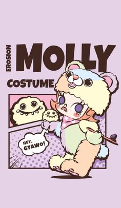 an image of a cartoon character holding onto a stuffed animal with the caption moly costume