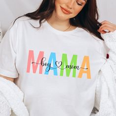 Family Matching Multicolor Letter Print Shirt, White Top With Funny Text For Mother's Day, Multicolor Name Print T-shirt For Mother's Day, White Tops With Funny Text For Mother's Day, White Tops With Lettering For Mother's Day, Multicolor Letter Print Shirt, Pre-shrunk White Shirt For Mother's Day, White Long Sleeve Shirt For Mother's Day, Multicolor Crew Neck Shirt For Mother's Day