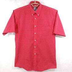 Jos A Bank Stays Cool Red Plaid S/S Breathable Cotton Button Down Shirt Specifications: Men's Medium (M) Condition: Gently owned 100% Cotton Measurements: (Measured laying flat) Sleeve: 20 1/2" Armpit to Armpit: 23 1/2" Collar to Hem: 33" Shoulder Seam to Shoulder Seam: 20 1/2" Red Formal Shirt For Summer, Classic Pink Short Sleeve Shirt, Formal Red Summer Shirt, Red Cotton Button-up Short Sleeve Shirt, Formal Red Cotton Shirt, Red Short Sleeve Shirt, Button Down Shirt Mens, Stay Cool, Red Plaid