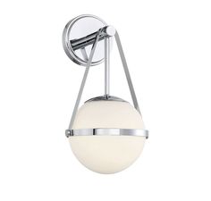 a chrome and white light fixture with a glass ball hanging from it's side