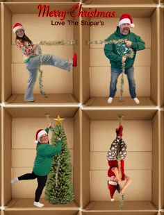 four pictures of people in boxes with christmas decorations on the top and bottom, one is holding