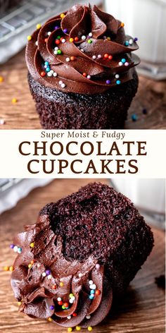 chocolate cupcakes with chocolate frosting and sprinkles on top are shown