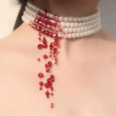 “Vampire Bite” Elegant Blood Droplets Bloody 3 Strand Pearl Collar Dripping Red Swarovski Crystal Vampire Horror Fright Scary Halloween Fantasy Gothic Punk Rock Edgy Spooky Creepy Upscale Classy Choker Necklace. Imaginative & Awesome, This 3 Strand White Pearl Choker Has Metallic Red Blood Spatter On A Section Of The Pearls, With Faceted Red Swarovski Crystals Of Various Sizes On Tiered Clear Strands Hanging Down To Simulate Blood Droplets. A Wonderful Piece For Vampire Lovers, Costumes, Hallowe Classy Choker, Pearl Outfit, White Pearl Choker, Vampire Lovers, Vampire Horror, Vampire Necklace, Vampire Bites, Red Gothic, Heart Blouse