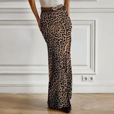 Lasaky - Vintage-Inspired Leopard Print Chiffon Mermaid Skirt High-Waisted Maxi Skirt Fashion Long Skirt High Waist Fitted Pleated Maxi Skirt, Fitted High Waist Pleated Maxi Skirt, Fitted Long Pleated Skirt, Non-stretch Maxi Skirt For Party, Non-stretch Full-length Party Skirt, Chic Non-stretch Full-length Skirt, Fitted Full Length Pleated Skirt, Elegant Non-stretch High Waist Maxi Skirt, Long Leopard Skirt