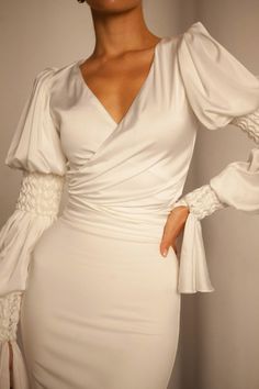 Elegant Lantern Sleeve Wedding Dress, Elegant Wedding Dress With Lantern Sleeves, Puff Sleeve Draped Wedding Dresses, Wedding Dresses With Draped And Puff Sleeves, Puff Sleeve Ruched Dress For Wedding, Elegant Satin Dress With Lantern Sleeves, Elegant Wedding Dress With Gathered Sleeves, Elegant White Dress With Blouson Sleeves, Elegant Wedding Dress With Balloon Sleeves