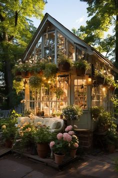 a small house with potted plants and lights