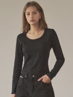 "Editor's NotesThis is a cotton t-shirt that can be worn in any season. It's designed with a deep scoop neck, making it a basic t-shirt but great to wear with a feminine mood. We used fabric that has undergone a separate washing process to minimize deformation due to wear and washing, considering its high utility as an item.- Made with the material that has good elasticity- The fit that wraps around the body line highlighting the body's curves and volume- Can be widely used either as a single item or as an inner top under a jacket* The product color may be closer to the color shown in the detailed shots due to the lighting; minor color differences may occur depending on the monitor type and settings.Measurements(in.)One Size(XS-M)- Length: 20.47 in.- Shoulder: 14.57 in.- Chest: 16.93 in.- Black Scoop Neck T-shirt For Fall, Basic Scoop Neck Tops, Basic Scoop Neck T-shirt For Fall, Fall Basic Scoop Neck T-shirt, Body Curves, Basic T Shirt, Color Show, Cotton T Shirt, Cotton Tshirt