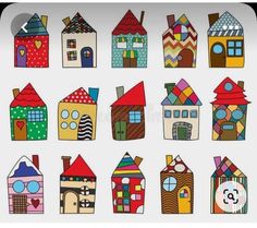 cartoon houses with different shapes and colors