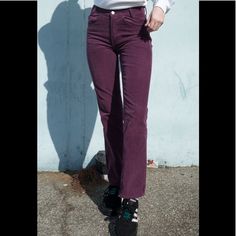 Mid Rise Purple Corduroy Straight Leg Jeans With 4 Pockets, Belt Loops, And A Button And Zipper Closure. Model Is Wearing Size S. Fabrics: 100% Cotton Measurements: S: 9.5" Rise, 29.5" Inseam, 26" Waist M: 10" Rise, 29" Inseam, 28" Waist Made In: China Corduroy Bottoms With Buttons For Winter, Winter Corduroy Bottoms With Buttons, Casual Mid-rise Corduroy Jeans, Trendy Corduroy Bottoms With Buttons, High Rise Purple Bottoms For Fall, Purple Straight Leg Bottoms For Fall, Fall Straight Jeans With Button Closure, Fall Purple Straight Leg Bottoms, Straight Jeans With Button Closure For Fall