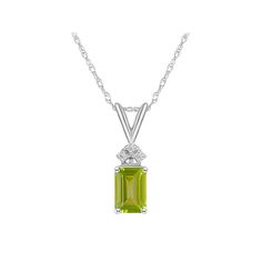 Adorned with an emerald-cut peridot center stone, and dazzling diamond accents, this eye-catching pendant completes your stylish look. Adorned with an emerald-cut peridot center stone, and dazzling diamond accents, this eye-catching pendant completes your stylish look.Click on this JEWELRY & WATCHES GUIDE to learn about fit, styles, materials and more! Pendant size: 2/3"L x 1/5"W Chain length: 18 in. Chain type: rope Metal: 14k gold Plating: rhodium Finish: polished Packaging: boxedSTONE DETAILS Formal Green Gemstone Diamond Necklace, Fine Jewelry Green Diamond Cut Necklaces, Fine Jewelry Lime Green Birthstone, Fine Jewelry Green Diamond Necklace For Anniversary, Fine Jewelry Green Necklace With Diamond Accents, Green Diamond Necklace For Formal Events, Fine Jewelry Green Necklaces With Diamond Accents, Formal Green Diamond Necklace For May Birthstone, Classic Green Emerald Necklace With Diamond Accents