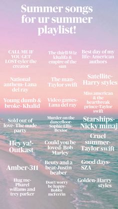 a poster with the words summer songs for your summer playlist on it's side