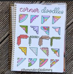 an open notebook with doodles on it and the words corner doodles written in different colors