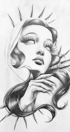 a pencil drawing of a woman's face with her hands on her chest and eyes closed