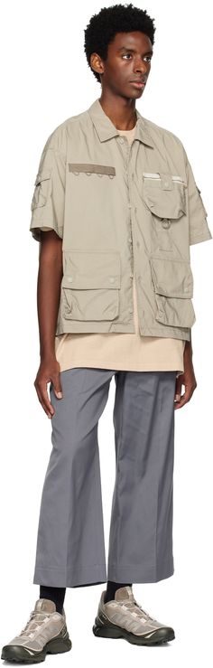 SOLOTEX® cotton-blend taffeta shirt. · Spread collar · Button closure · Webbing trim at chest · Detachable patch pocket and keyring at chest · Flap pockets at waist · Flap pocket at sleeves and back Part of the F/CE x DIGAWEL collaboration. Supplier color: Sage green Utility Button-up Top With Multiple Pockets, Utility Style Collared Tops With Cargo Pockets, Collared Tops With Patch Pockets For Outdoor, Utility Style Collared Tops With Multiple Pockets, Utility Tops With Multiple Pockets And Collared Shape, Collared Utility Shirt With Pockets, Collared Workwear Tops With Multiple Pockets, Utility Style Short Sleeve Tops With Cargo Pockets, Utility Collared Top With Multiple Pockets