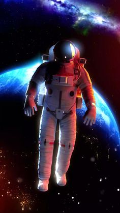 an astronaut floating in space with the earth in the background and stars all around him