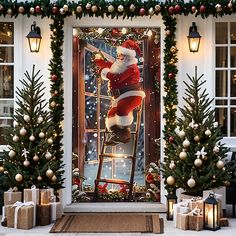 a christmas scene with santa claus climbing the ladder to get into the window and decorations around him