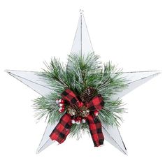 a christmas star decoration with pine cones and red plaid bow hanging from it's side