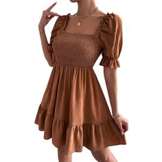 Brown Square Neck Short Sleeve Ruffle Mini Dresses Fashion Mini Dress, Brown Square, Short Puff Sleeve, Mini Dress Fashion, Womens Cocktail Dresses, Ruffle Mini Dress, Spring Women, Ruffle Shorts, Mini Dresses