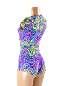 "This item is made to order, please read all the way through the listing before purchasing! This bodysuit is made of lycra spandex in a neon glow worm print. Cap sleeves and boy cut legs. Four way stretch for a figure forming fit. This bodysuit is unlined. Womens Sizing (See below for instructions on where measurements should be taken) XXS: Bust 29\"-30\" / Waist 22\"-23\" / Hips 30\"-32\" Extra Small: Bust 31\"-32\" / Waist 24\"-25\" / Hips 33\"-35\" Small: Bust 33\"-34\" / Waist 26\"-28\" / Hi Fitted Multicolor Unitard For Summer, Multicolor Short Sleeve Bodysuit For Playtime, Summer Rave Fitted Unitard, Multicolor Stretch Sports Bodysuit, Cute Multicolor Playtime Bodysuit, Fitted Green Bodysuit For Rave, Fitted Rave Bodysuit For Swimming, Multicolor Summer Unitard, Fitted Multicolor Fun Onesie