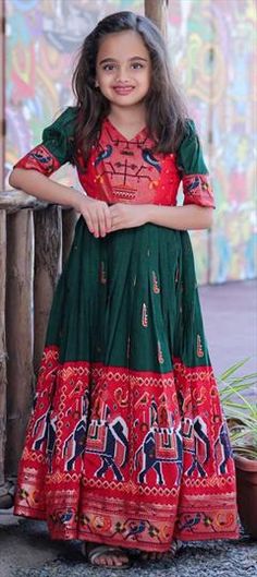 Green, Red and Maroon color Girls Gown in Art Silk fabric with Foil Print work Festive Red Cotton Dress, Red Cotton Dress For Festivals, Red Cotton Festival Dress, Gowns For Girls, Color Art, Maroon Color, Foil Print, Gold Jewelry Fashion, Silk Fabric