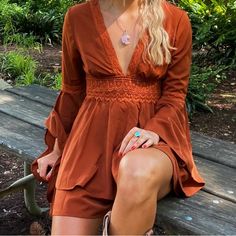 Flare Sleeves V Neck Bohemian V-neck Dress For Fall, Fall V-neck Boho Dress In Rayon, Brown V-neck Boho Dress For Festival, Fall Brown V-neck Boho Dress, Brown Bohemian V-neck Maxi Dress, Denim Playsuit, Boho Romper, Flare Sleeves, Boho Style Outfits