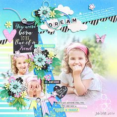 a child's scrapbook page with flowers and hearts on it, including two photos