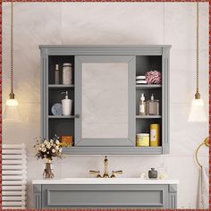 a bathroom with a sink, mirror and towel rack in it's center area