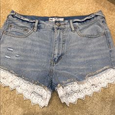 Free People Jean Shorts With Lace At Bottom, Never Worn Lace Jean Shorts, Shorts With Lace, Outfit References, Free People Shorts, Denim Cutoff Shorts, Free People Jeans, Jeans For Short Women, Blue Jean Shorts, Distressed Denim Jeans