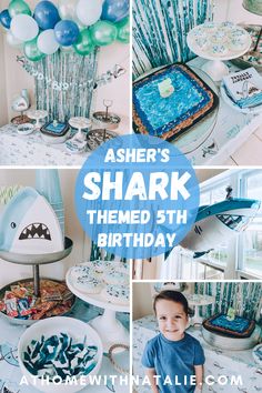 shark themed birthday party with blue and green balloons, cake, and other items on the table