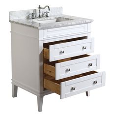 a bathroom vanity with three drawers and a sink in the bottom drawer that is open