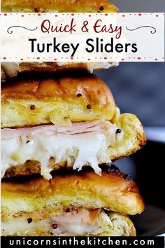 a turkey slider stacked on top of each other with the words, 5 ingredient turkey sliders