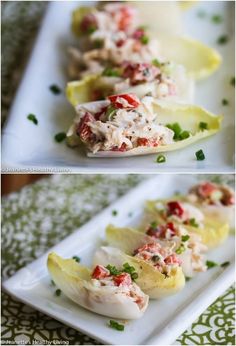 two plates with food on them, one has crab salad and the other has lettuce